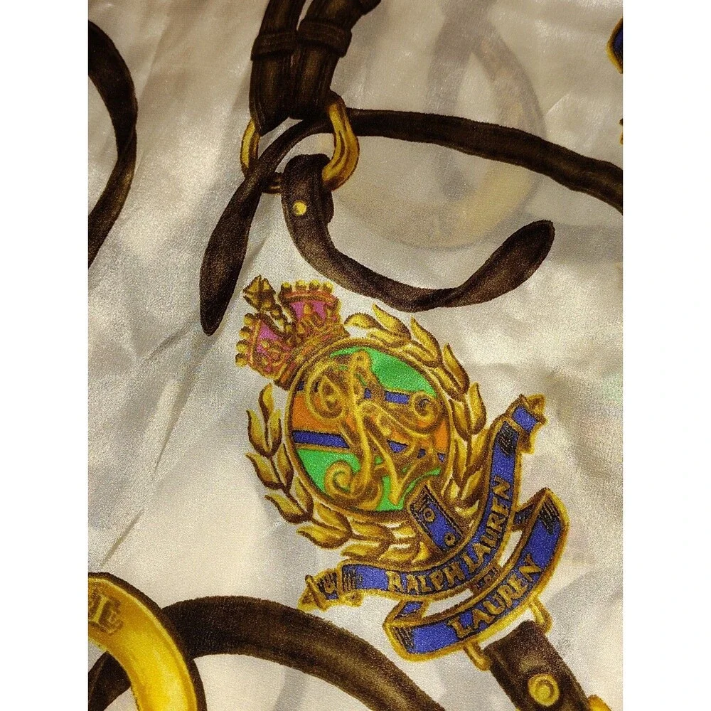 Vintage Ralph Lauren Equestrian Silk Oblong Scarf Crest Horseshoes Fringed